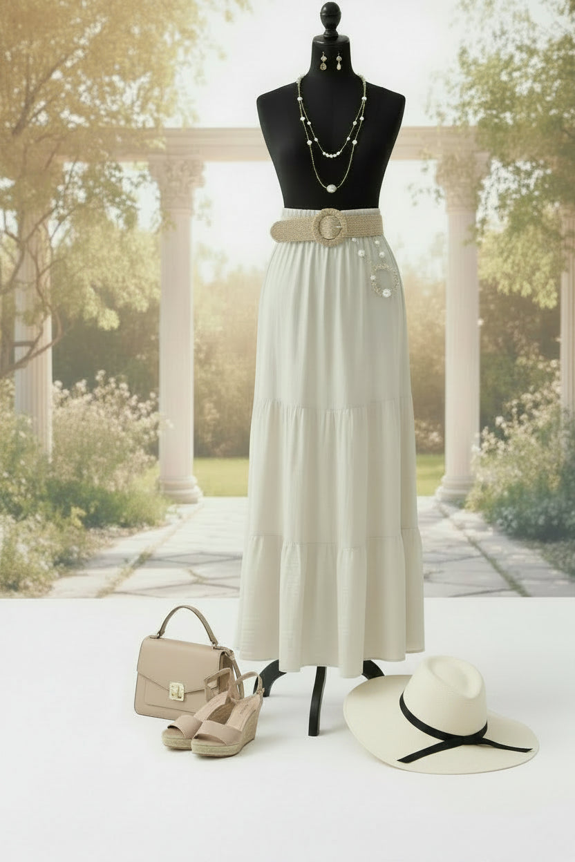 Women's Woven Belted Beige Cotton Maxi Three-Tier Skirt