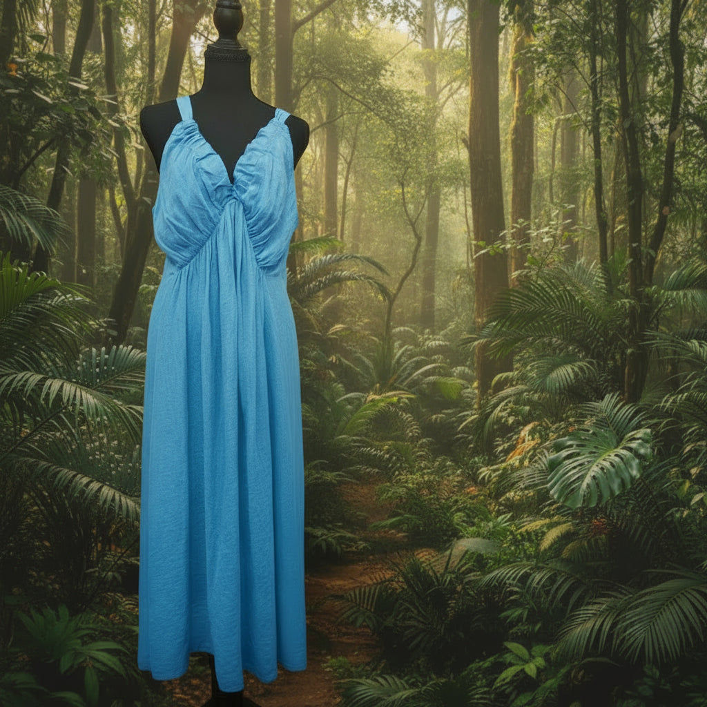 Women's Light Blue Linen V-Neck Gathered Dress with Drawstring Belt