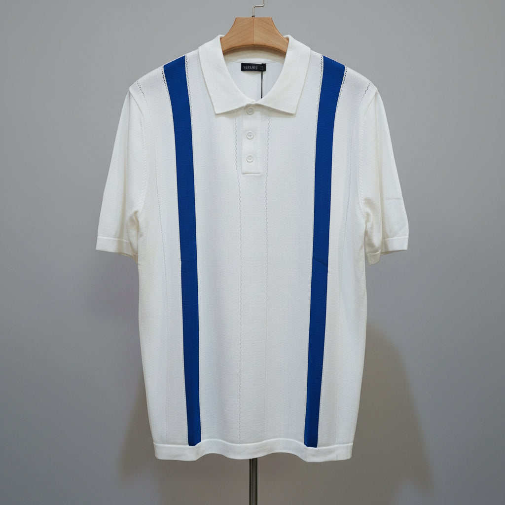 Men's White & Blue Stripe Polo Knit Shirt