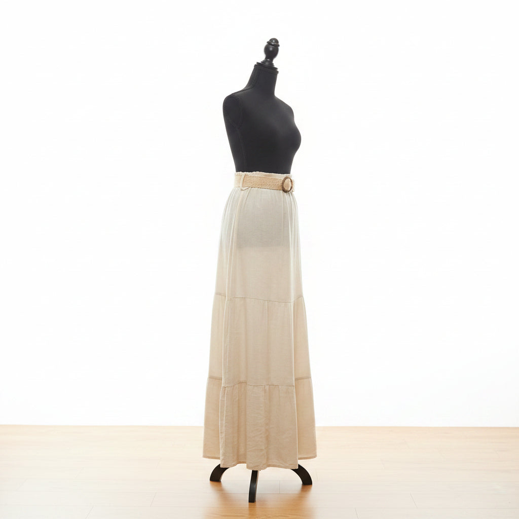 Women's Woven Belted Beige Cotton Maxi Three-Tier Skirt