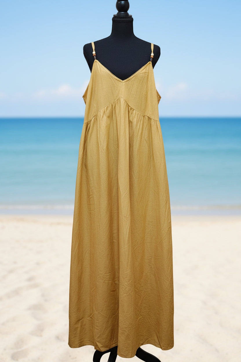 Women's Gold Linen Spaghetti Strap Sun Dress