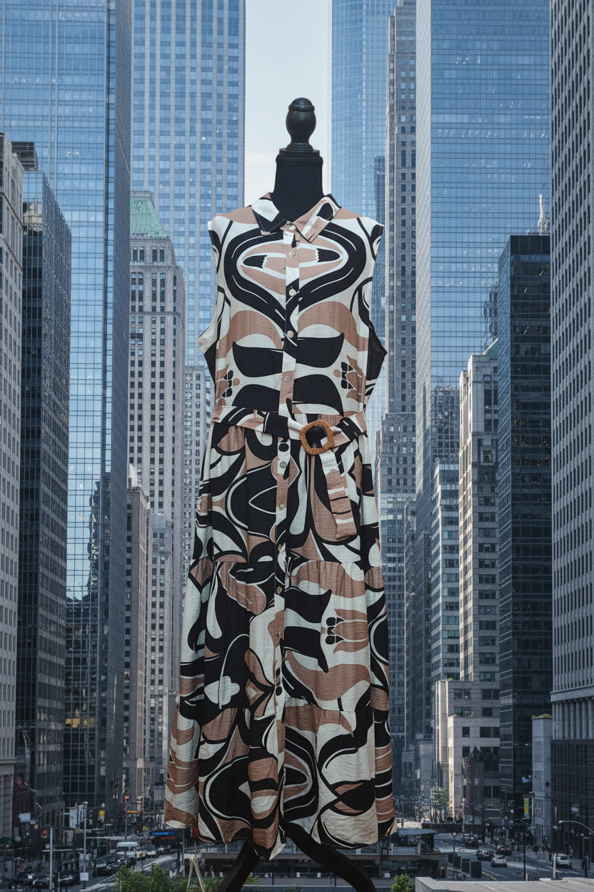 Women's Kaktus Patterned Linen Long Dress with Belt