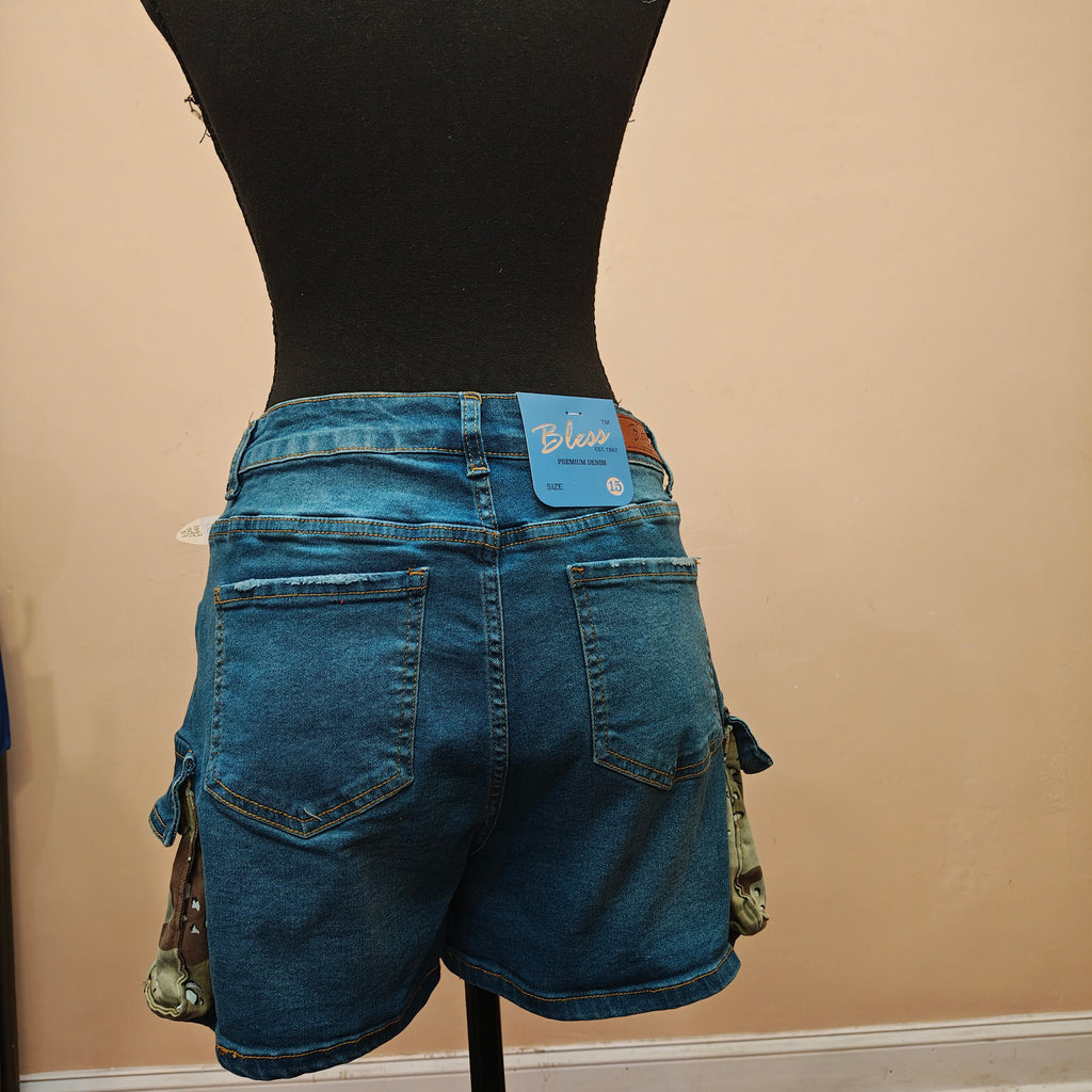 Women's Blue Cargo Jean Shorts — Camouflage Pockets