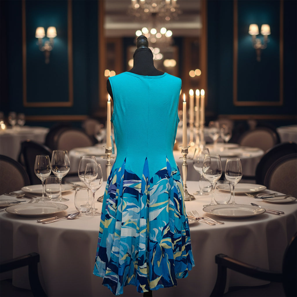 Women's Turquoise Blue A-Line Dress with Pleated Multicolor Skirt