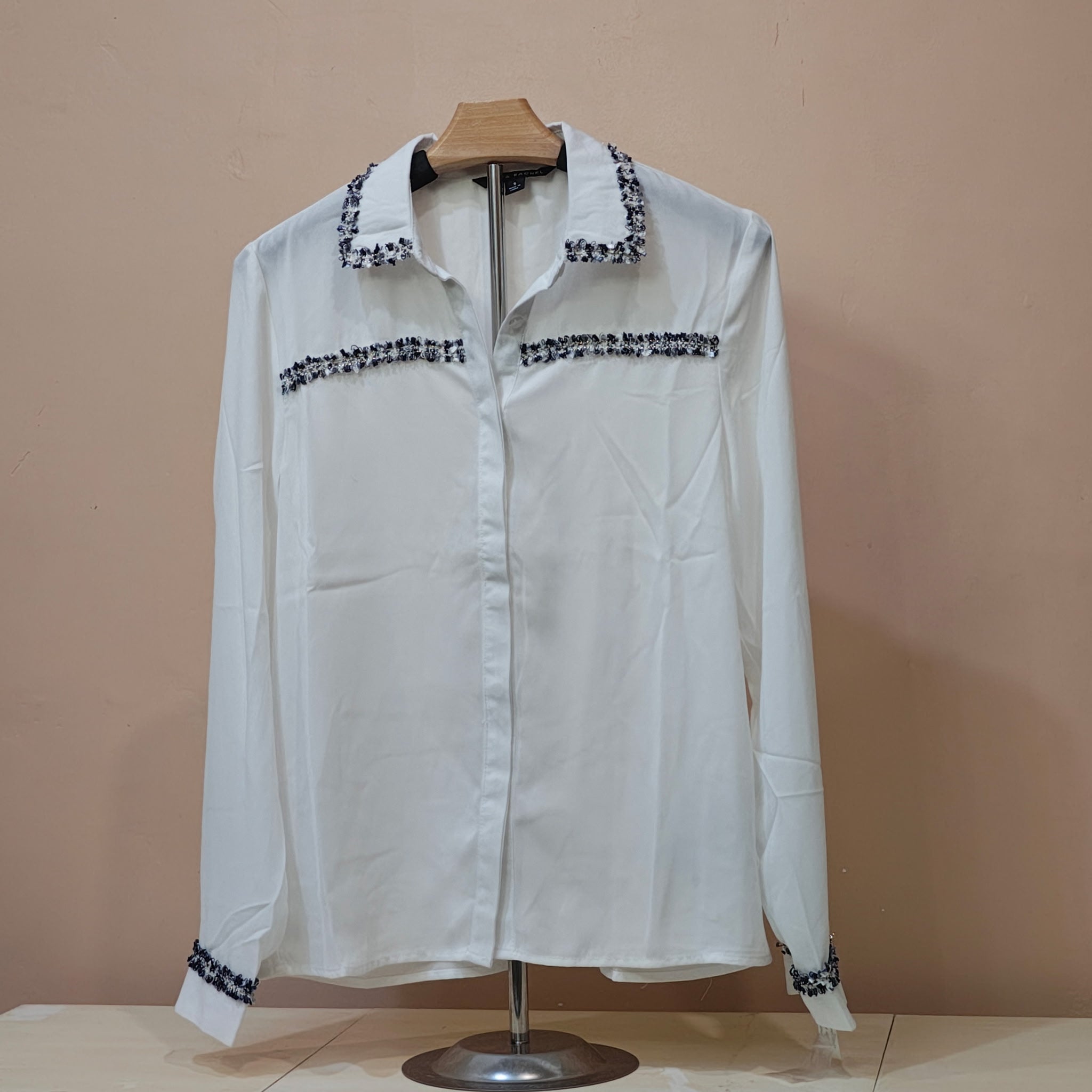 Women's Long Sleeve White Blouse with Blue Trim