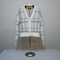 Women's Beige & White V-Neck 3-Button Cropped Cardigan