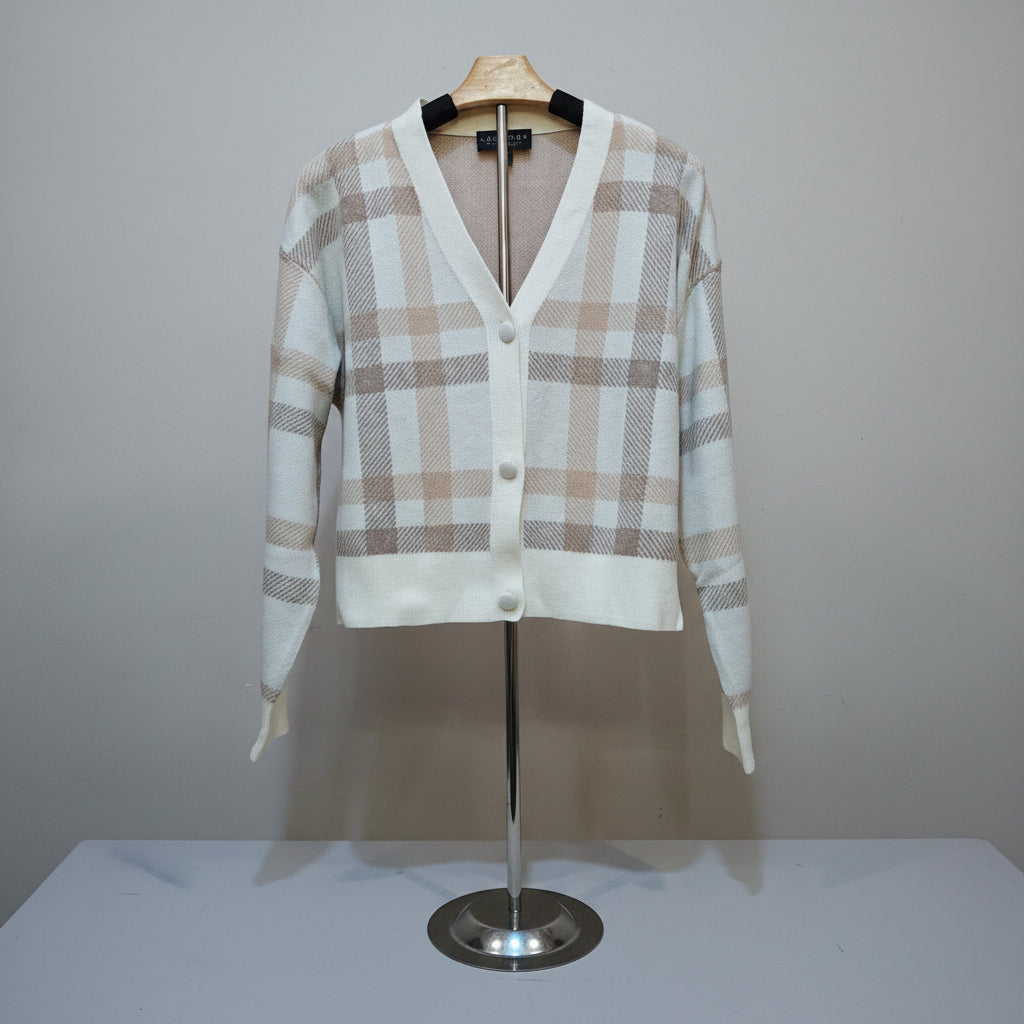 Women's Beige & White V-Neck 3-Button Cropped Cardigan