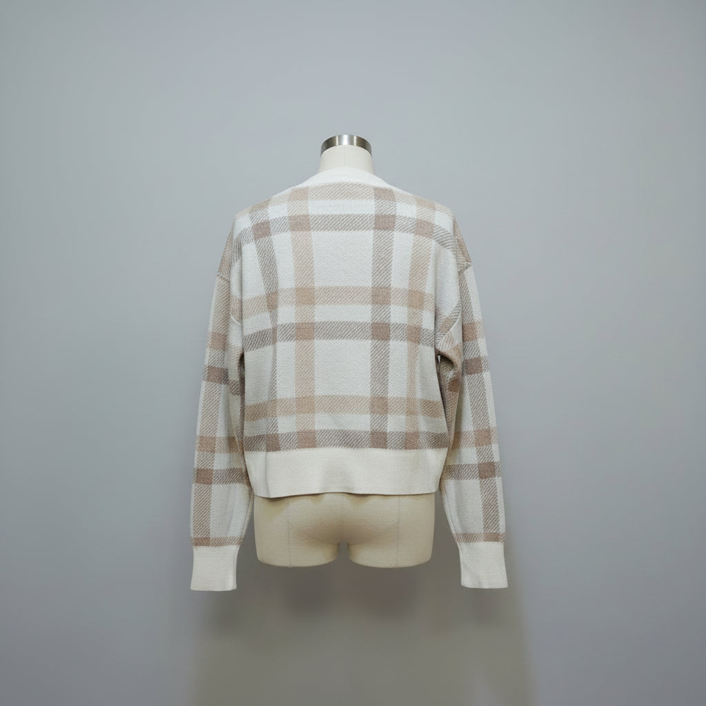 Women's Beige & White V-Neck 3-Button Cropped Cardigan