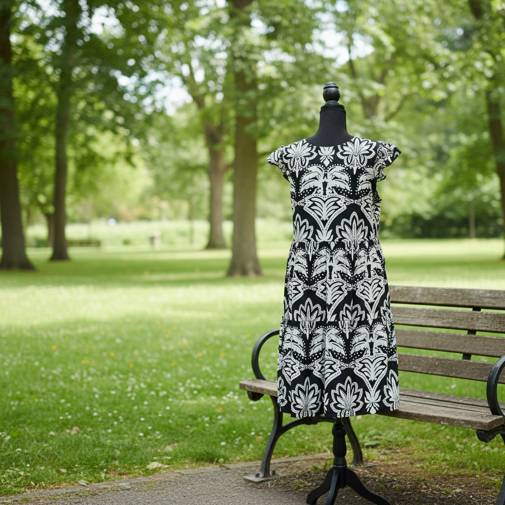 Women's Kaktus Black & White Patterned Ruffle Sleeve Dress
