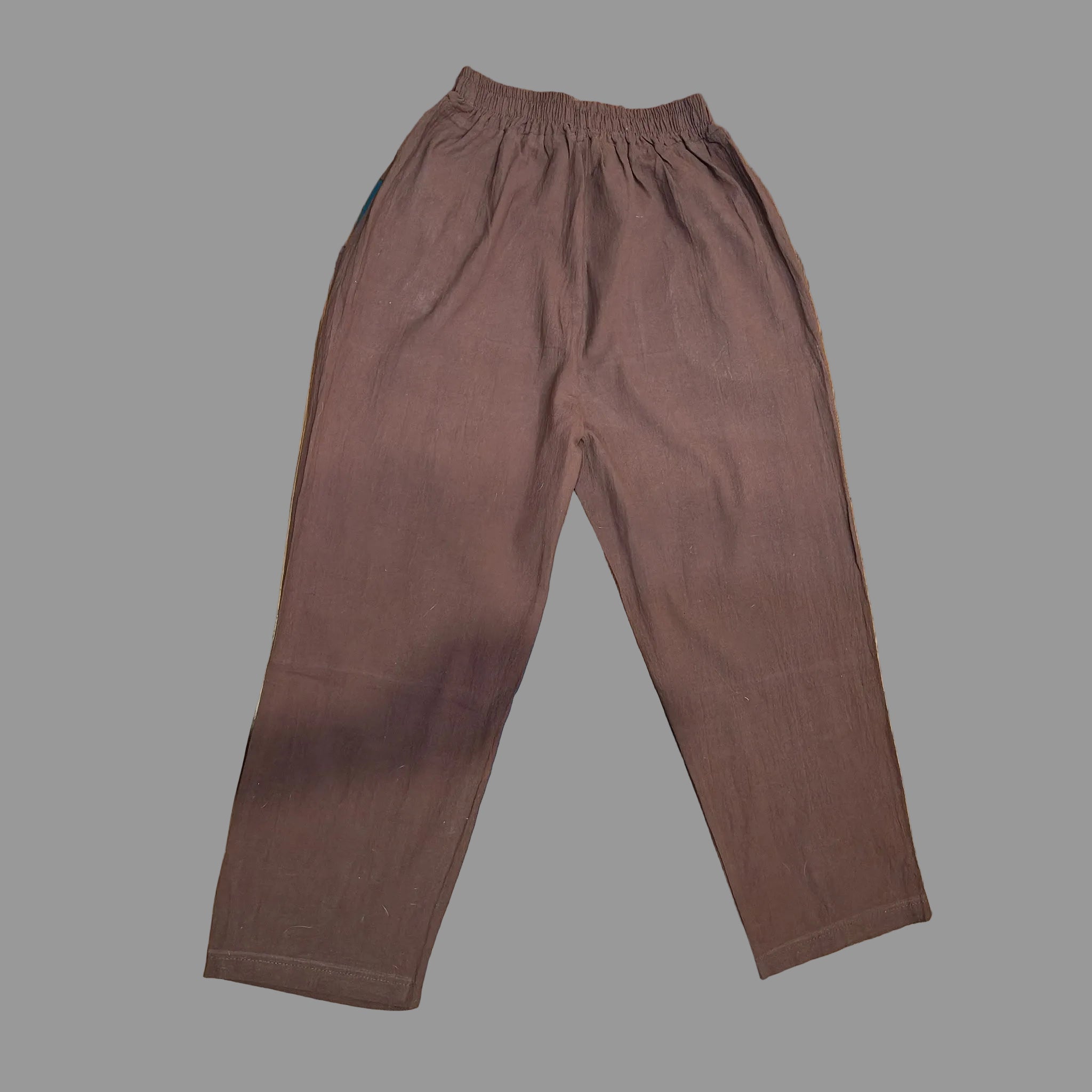 Brown Wide Leg Pants with Green Floral Embroidery