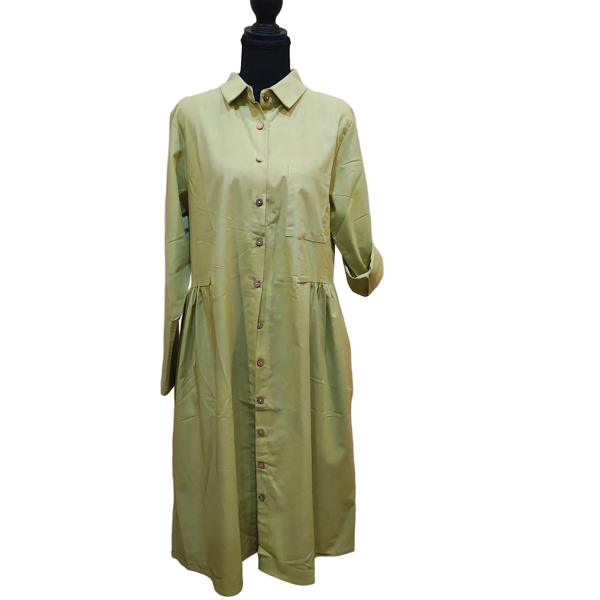 Women's Olive Green Tab Sleeve Button-Down Dress