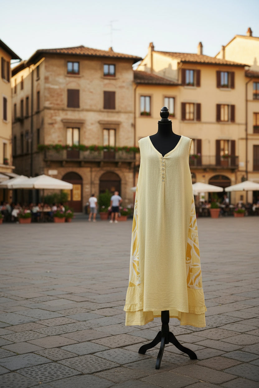 Women's Handmade Pale Yellow Italian Linen Asymmetrical Dress
