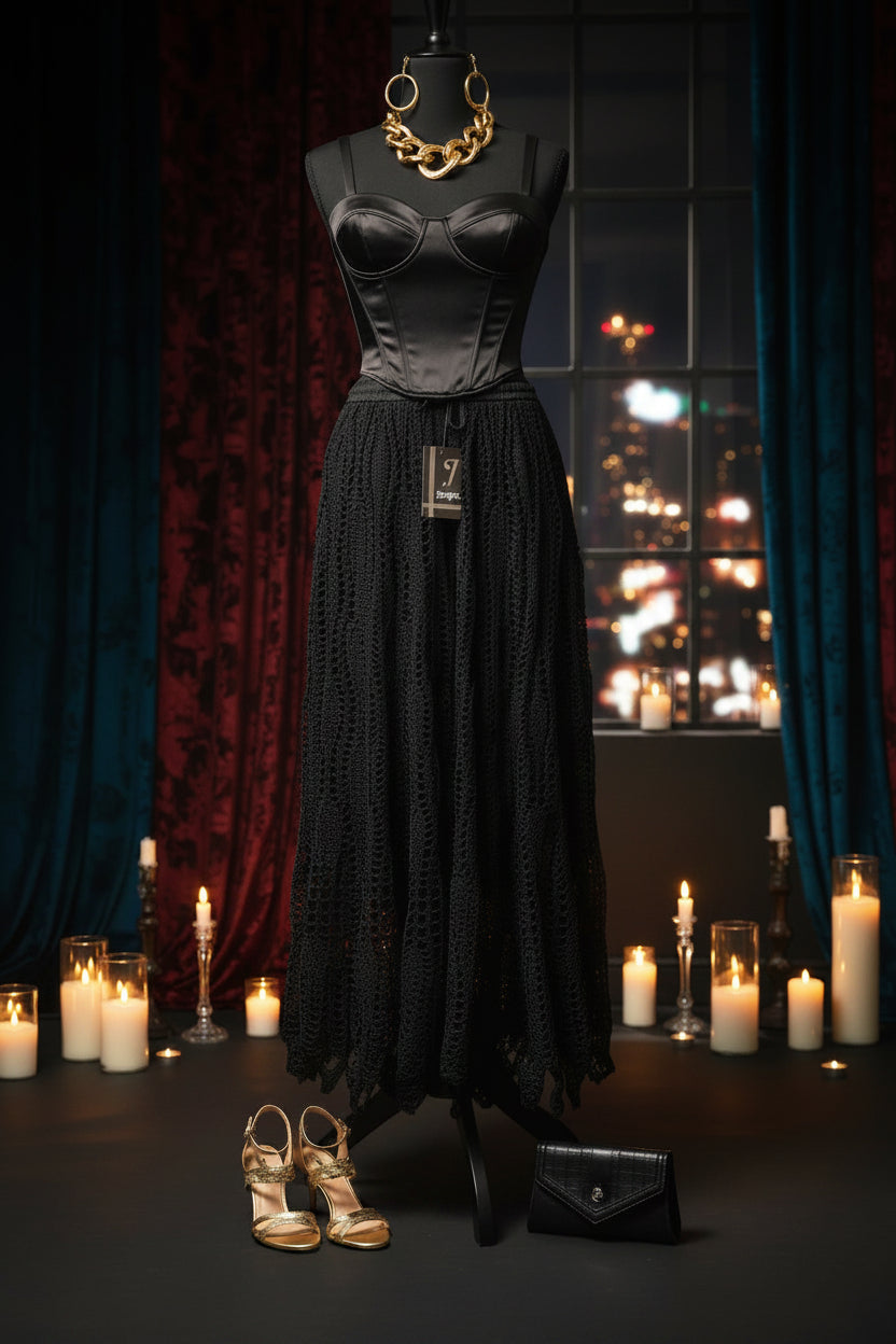 Black Crochet Knit Maxi Skirt with Lining