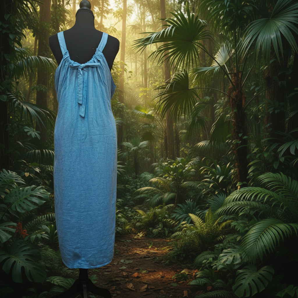 Women's Light Blue Linen V-Neck Gathered Dress with Drawstring Belt
