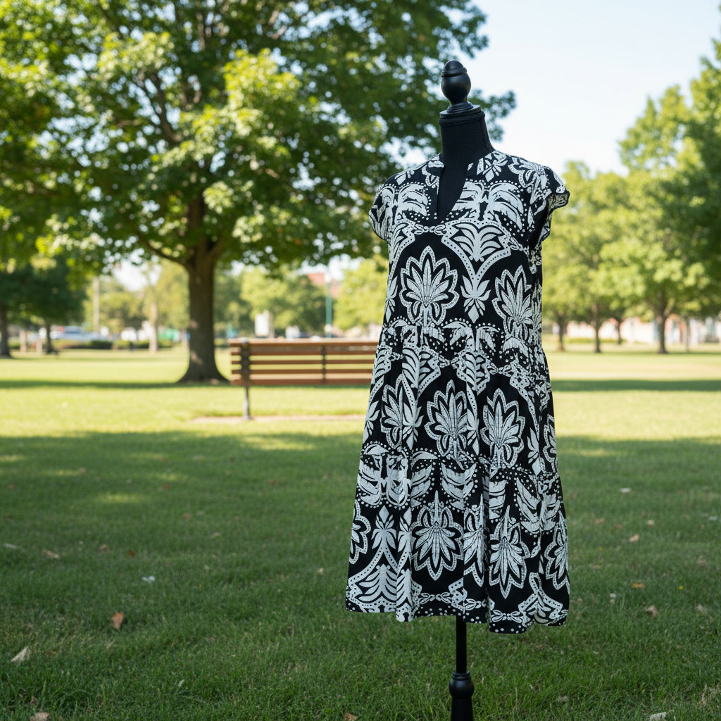 Women's Kaktus Black & White Patterned Ruffle Sleeve Dress