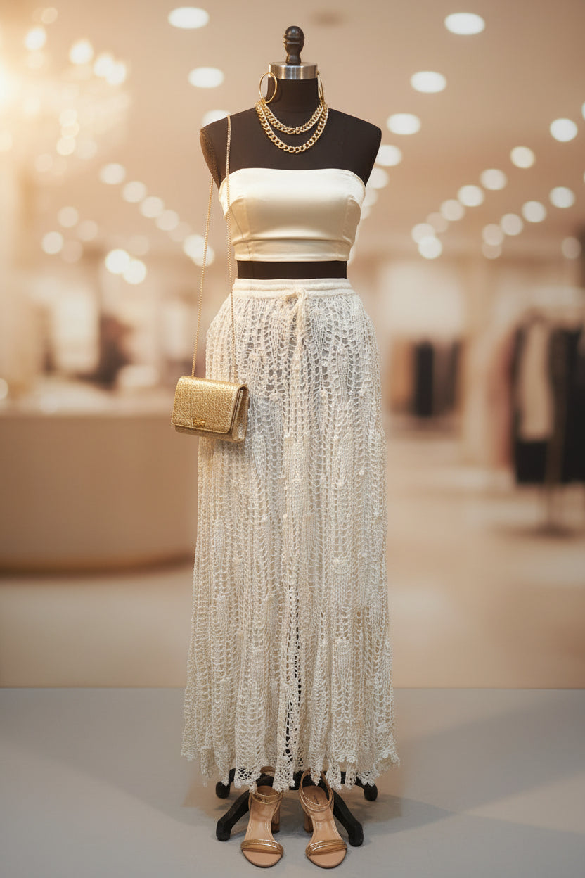 White Crochet Knit Maxi Skirt with Lining