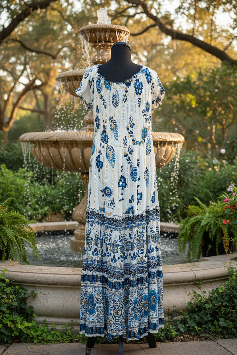 Women's White & Blue Floral Corset Long Dress with Gold Lines