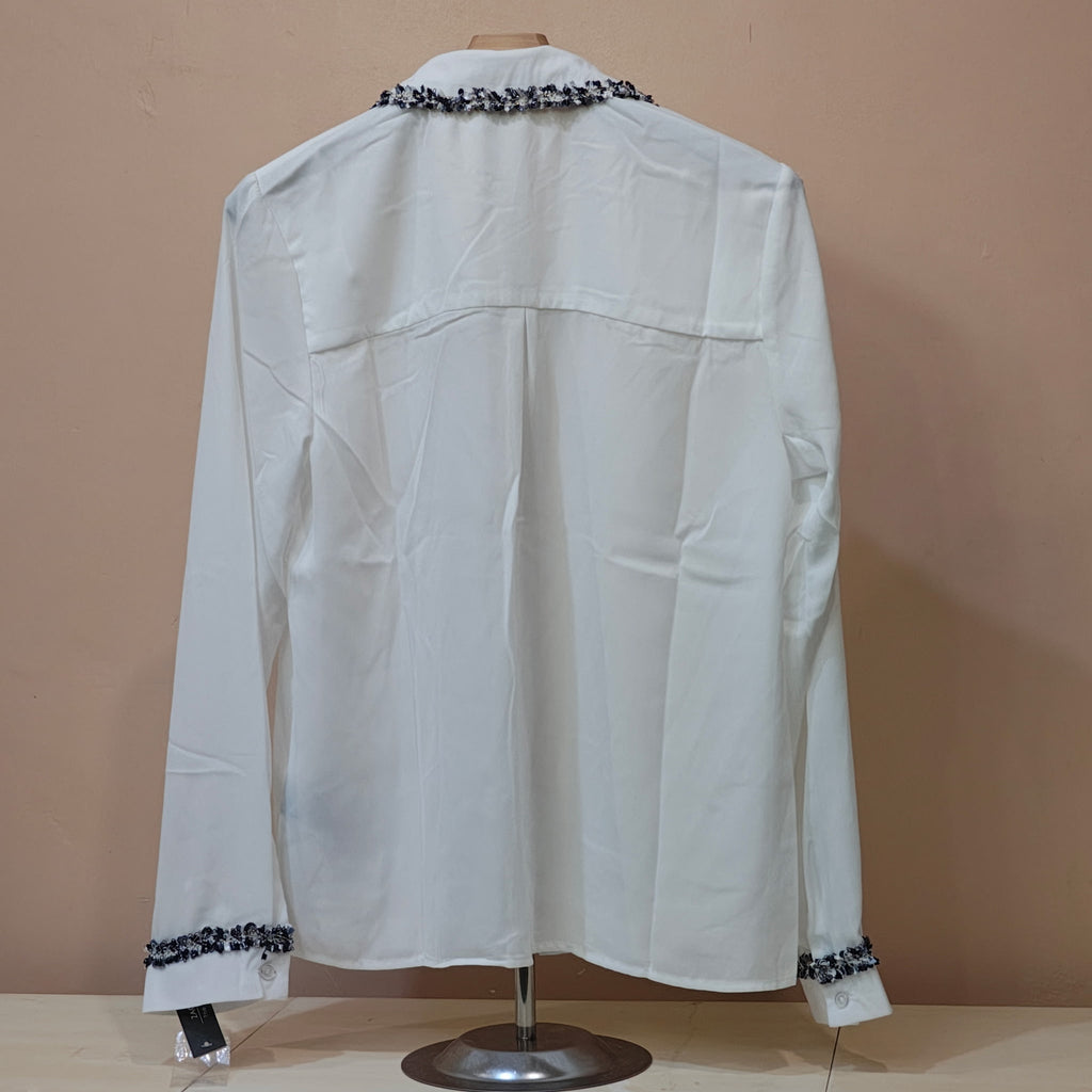 Women's Long Sleeve White Blouse with Blue Trim
