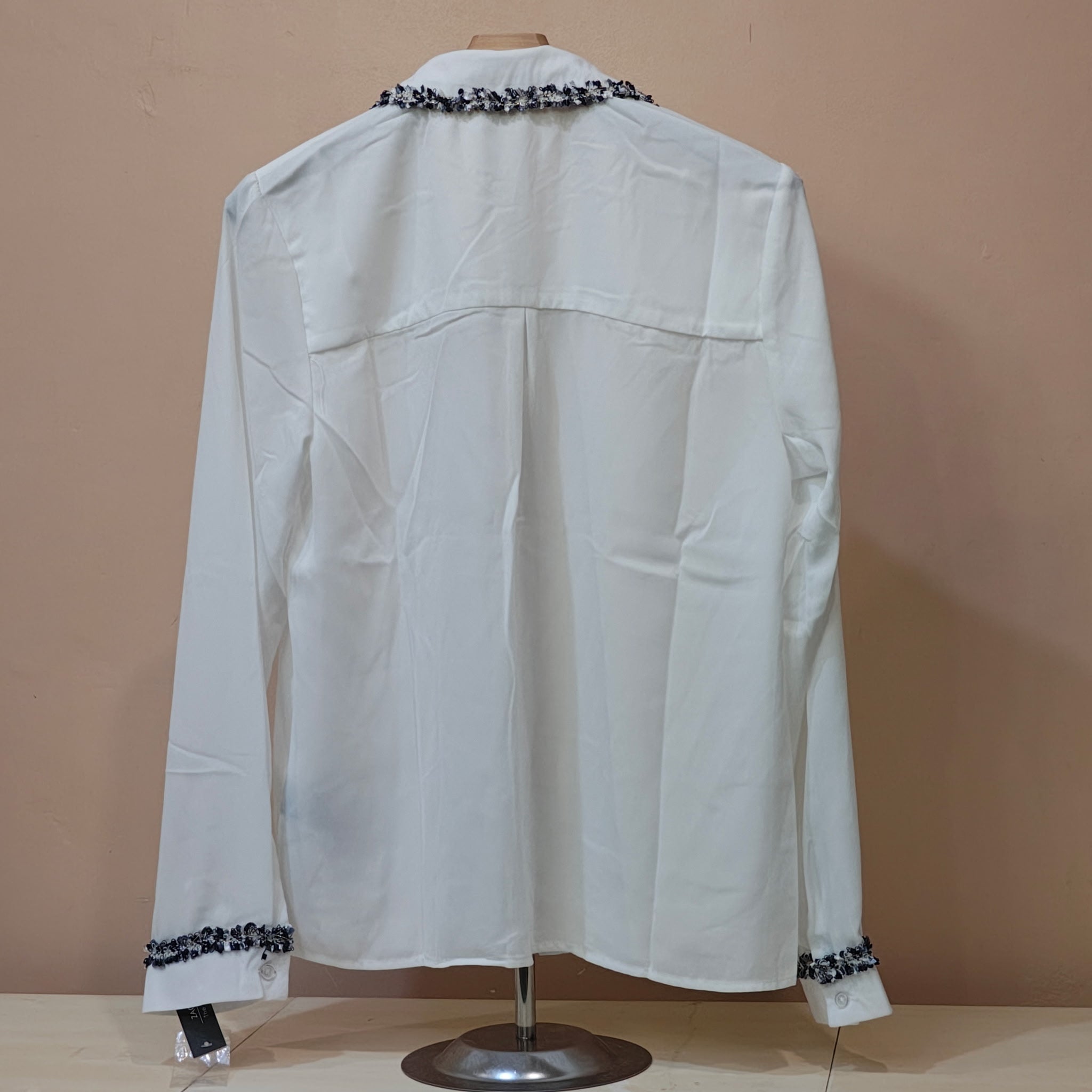 Women's Long Sleeve White Blouse with Blue Trim