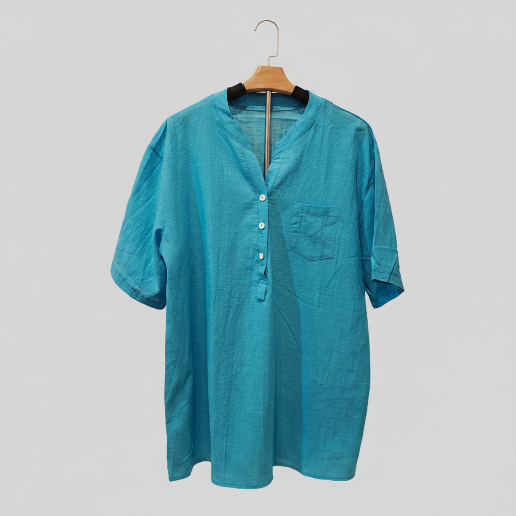 Men's Turquoise Blue Linen Shirt with Button Split Neckline & Chest Pocket