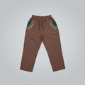 Brown Wide Leg Pants with Green Floral Embroidery