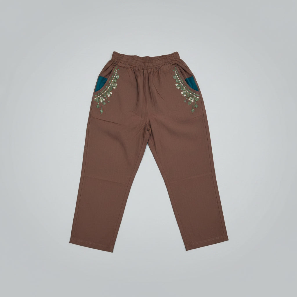 Brown Wide Leg Pants with Green Floral Embroidery