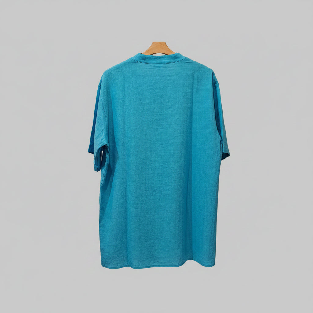 Men's Turquoise Blue Linen Shirt with Button Split Neckline & Chest Pocket