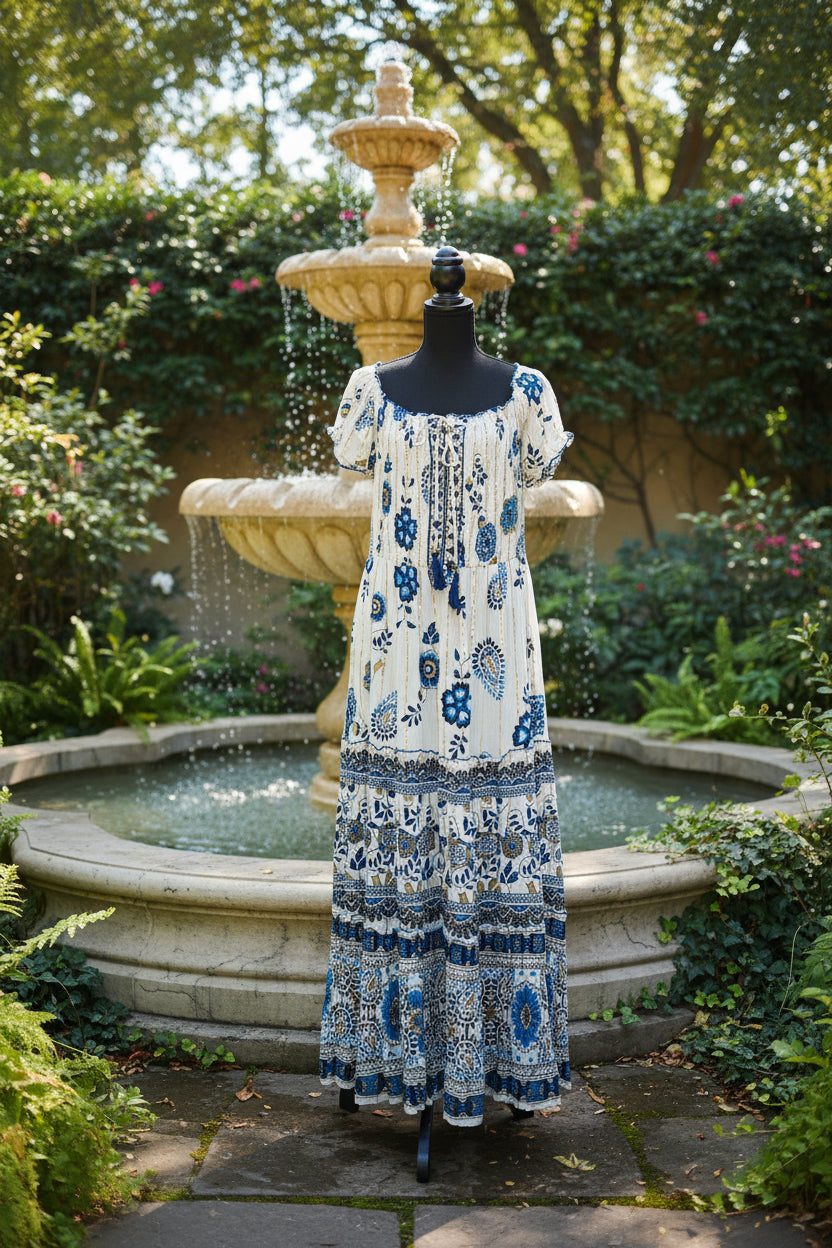 Women's White & Blue Floral Corset Long Dress with Gold Lines