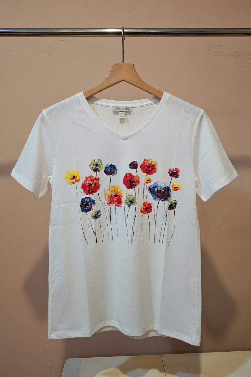 Hand Painted Linen Floral Short Sleeve Blouse