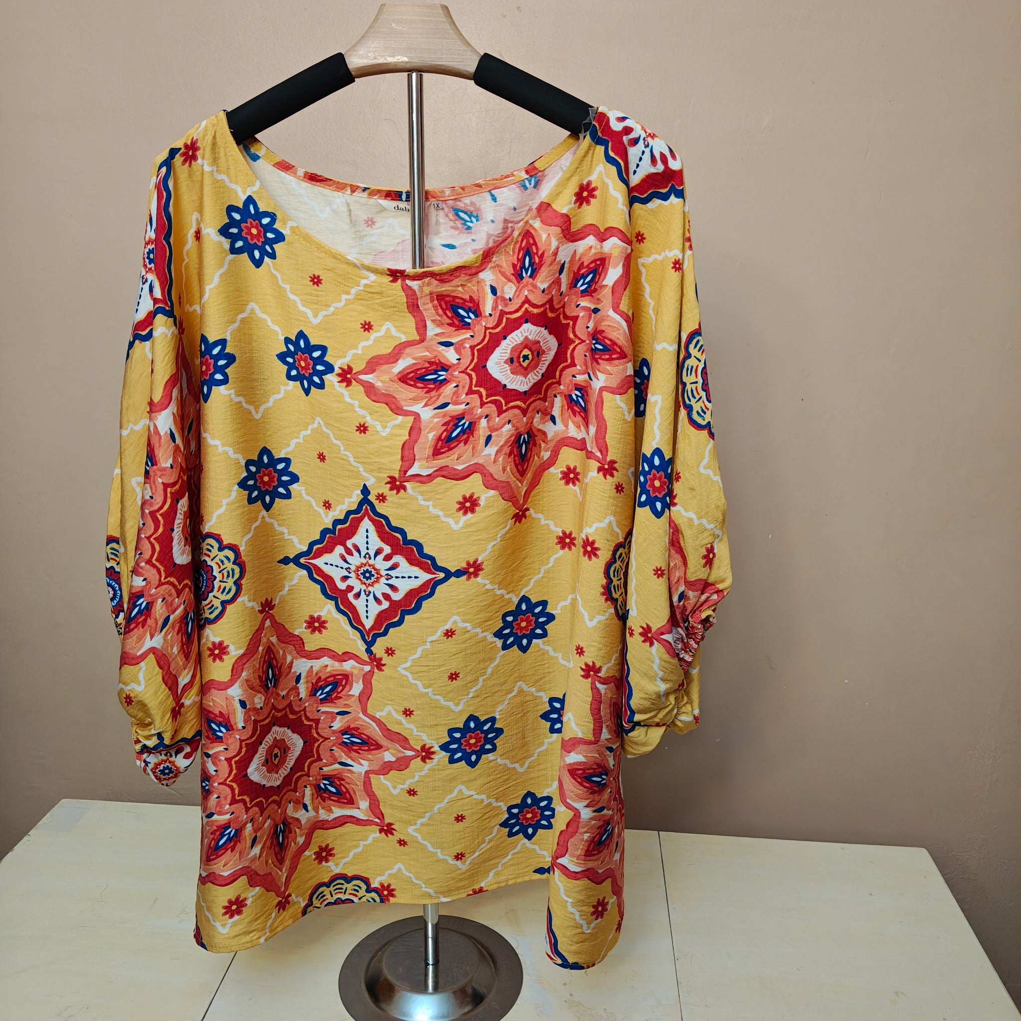 Women's Yellow Motif Blouse with Red, White & Blue Spiral Design