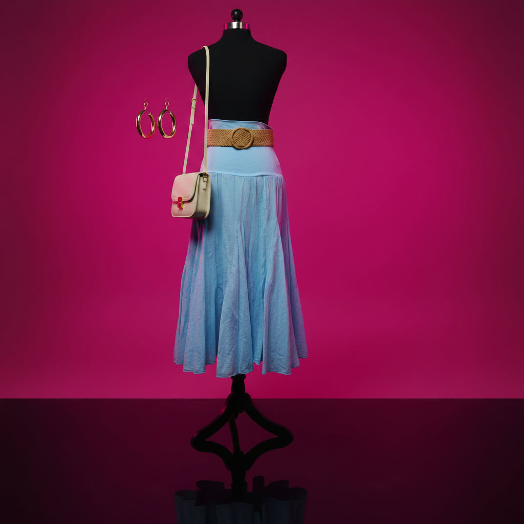 Italian Yoke Waist Long Skirt — Light Blue or Gray