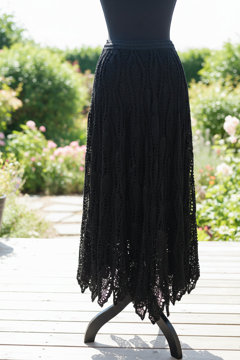Black Crochet Knit Maxi Skirt with Lining