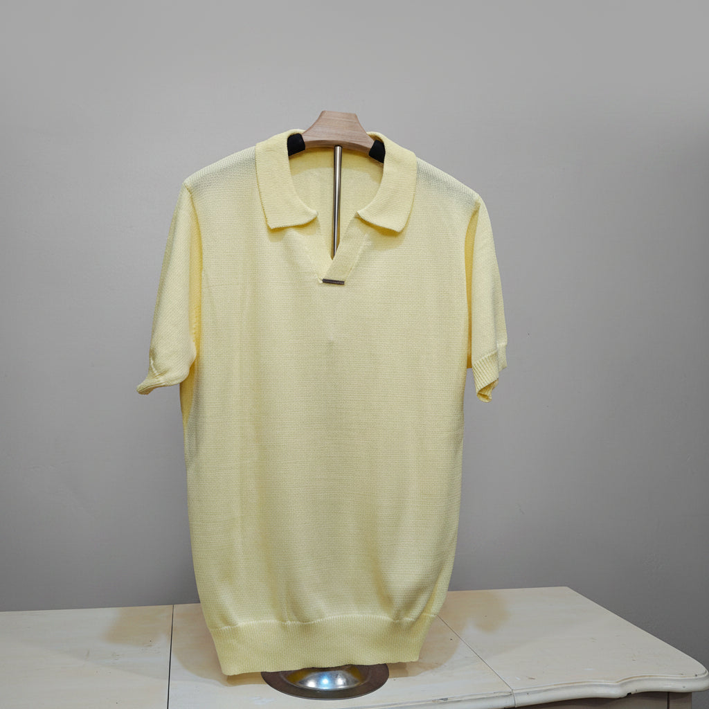 Men's Yellow V-Neck Metal Accent Knit Polo Shirt