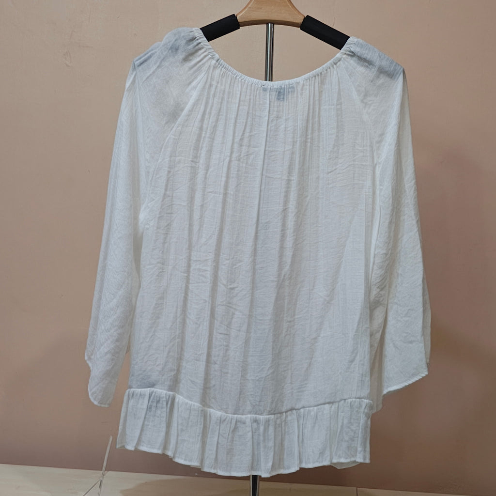 Women's Zac & Rachel White Lace-Trim Gathered Neck Blouse