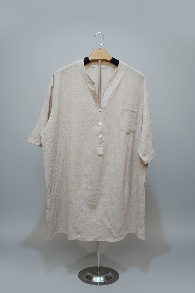 Men's Beige V-Neck Short Sleeve Three Button Linen Shirt