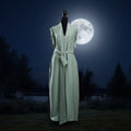 Women's Light Green Maxi V-Neck Dress with Front Pleats, Side Pocket & Tie Belt