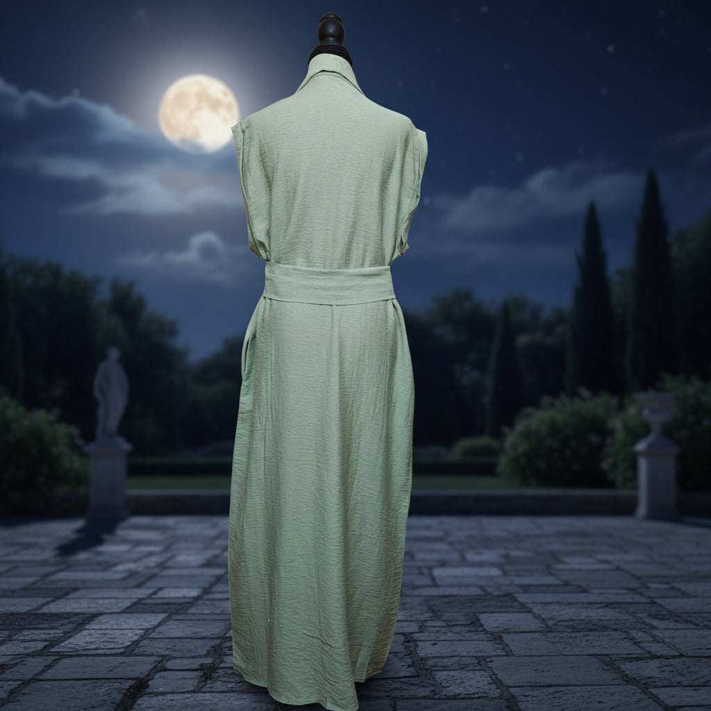 Women's Light Green Maxi V-Neck Dress with Front Pleats, Side Pocket & Tie Belt