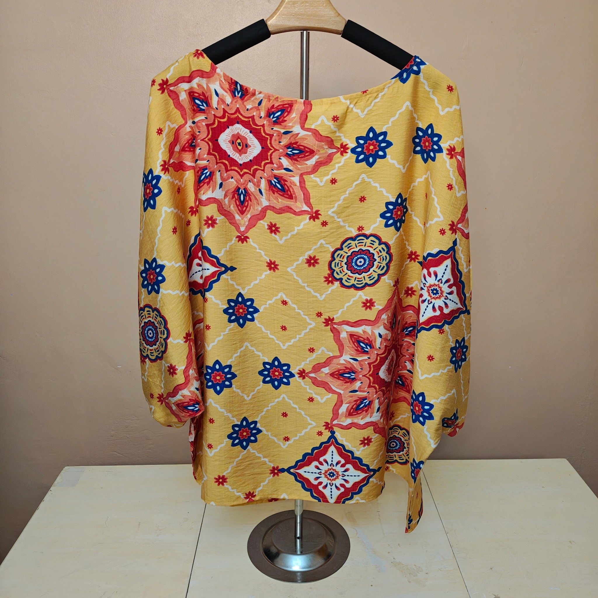 Women's Yellow Motif Blouse with Red, White & Blue Spiral Design