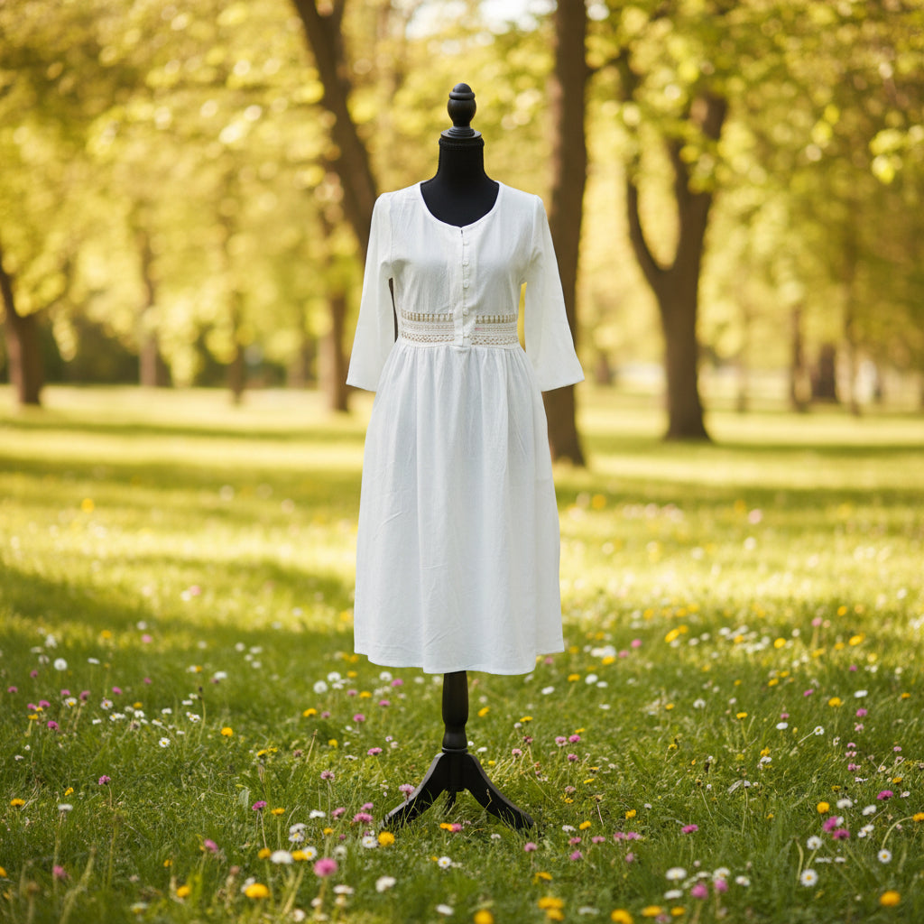 Women's White Linen Dress with Bordered Waist