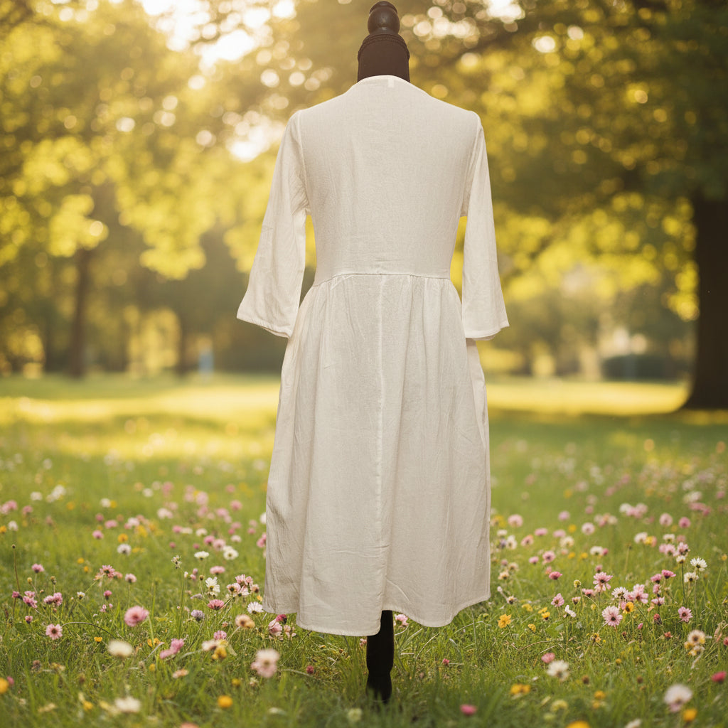 Women's White Linen Dress with Bordered Waist