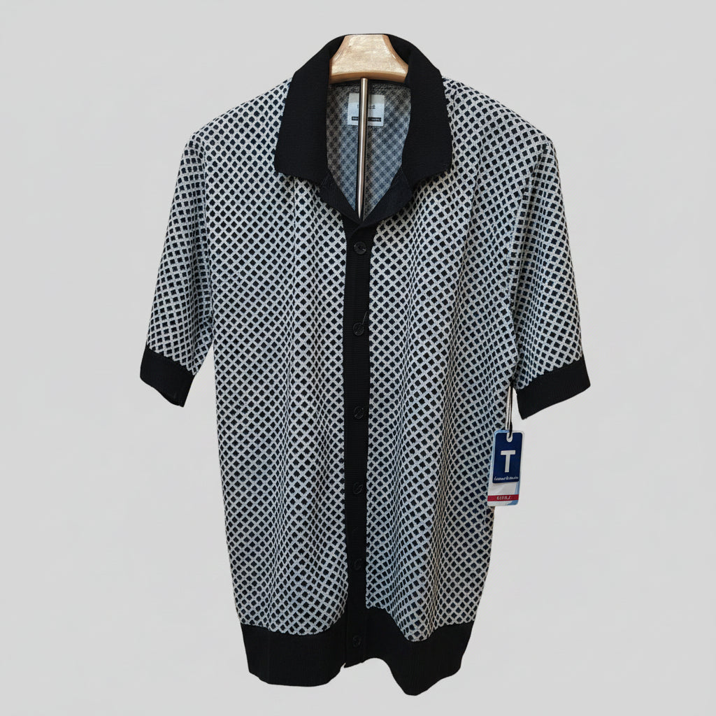 Men's Black & White Knit Button-Down Shirt