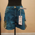 Women's Blue Cargo Jean Shorts — Camouflage Pockets