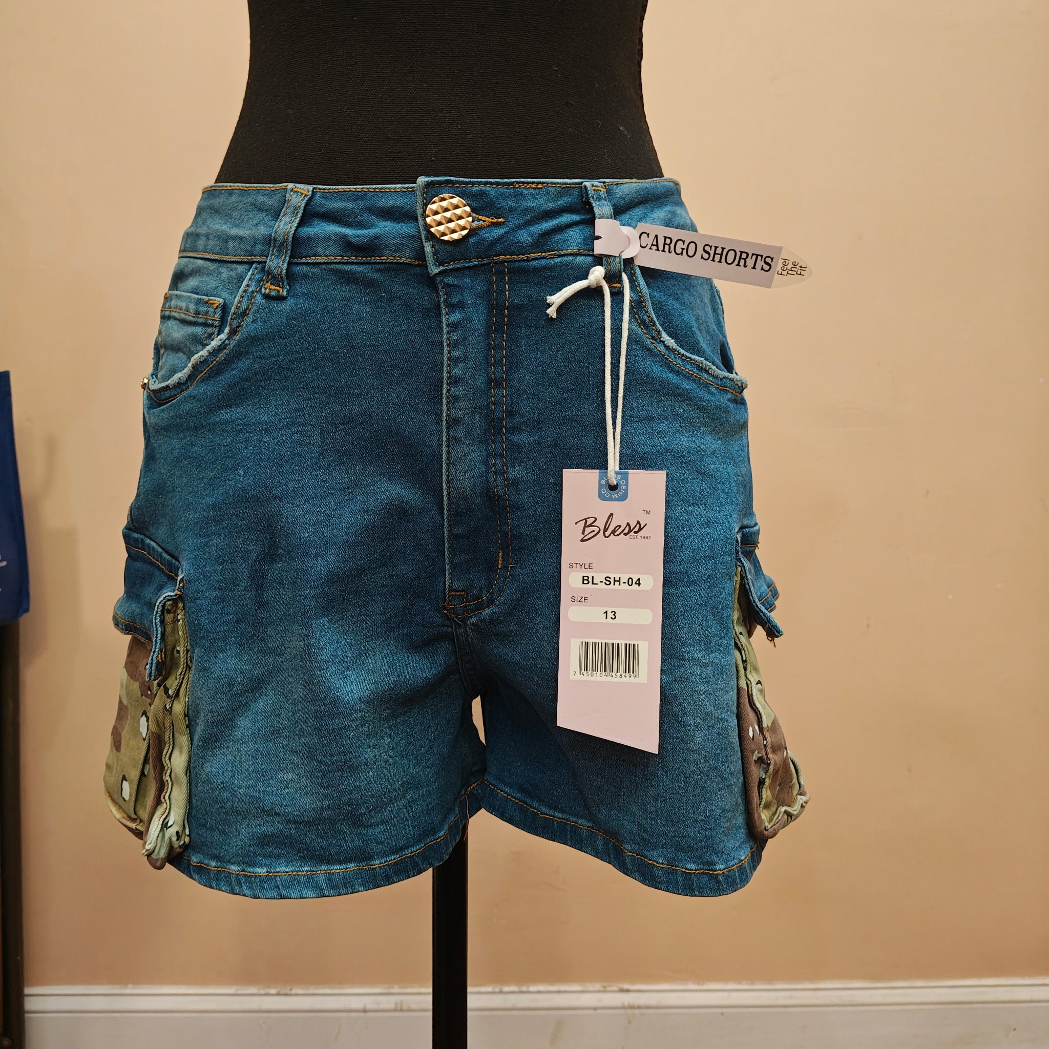 Women's Blue Cargo Jean Shorts — Camouflage Pockets