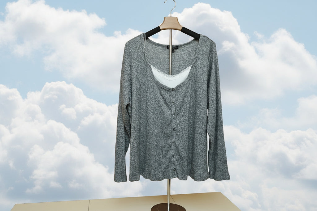 Women's Plus Size Gray Lace Panel Mock Button Pullover Sweater