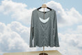 Women's Plus Size Gray Lace Panel Mock Button Pullover Sweater