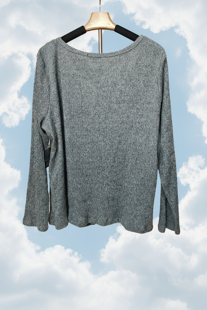 Women's Plus Size Gray Lace Panel Mock Button Pullover Sweater