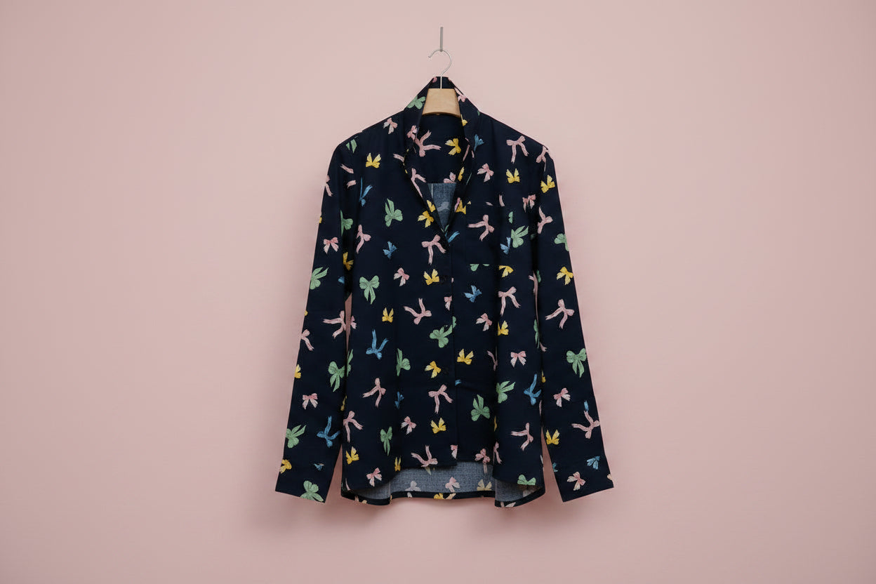 Women's Navy Blue Bow-Tie Print Button-Down Blouse