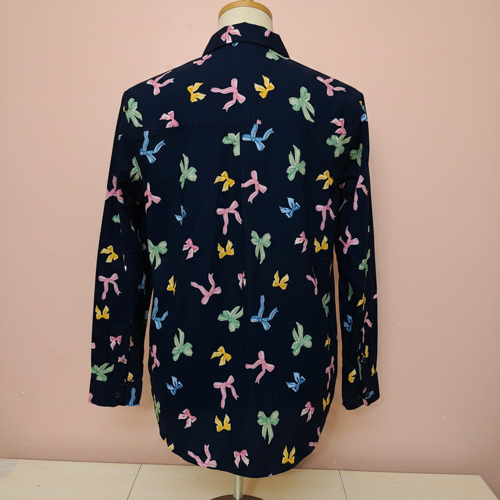 Women's Navy Blue Bow-Tie Print Button-Down Blouse