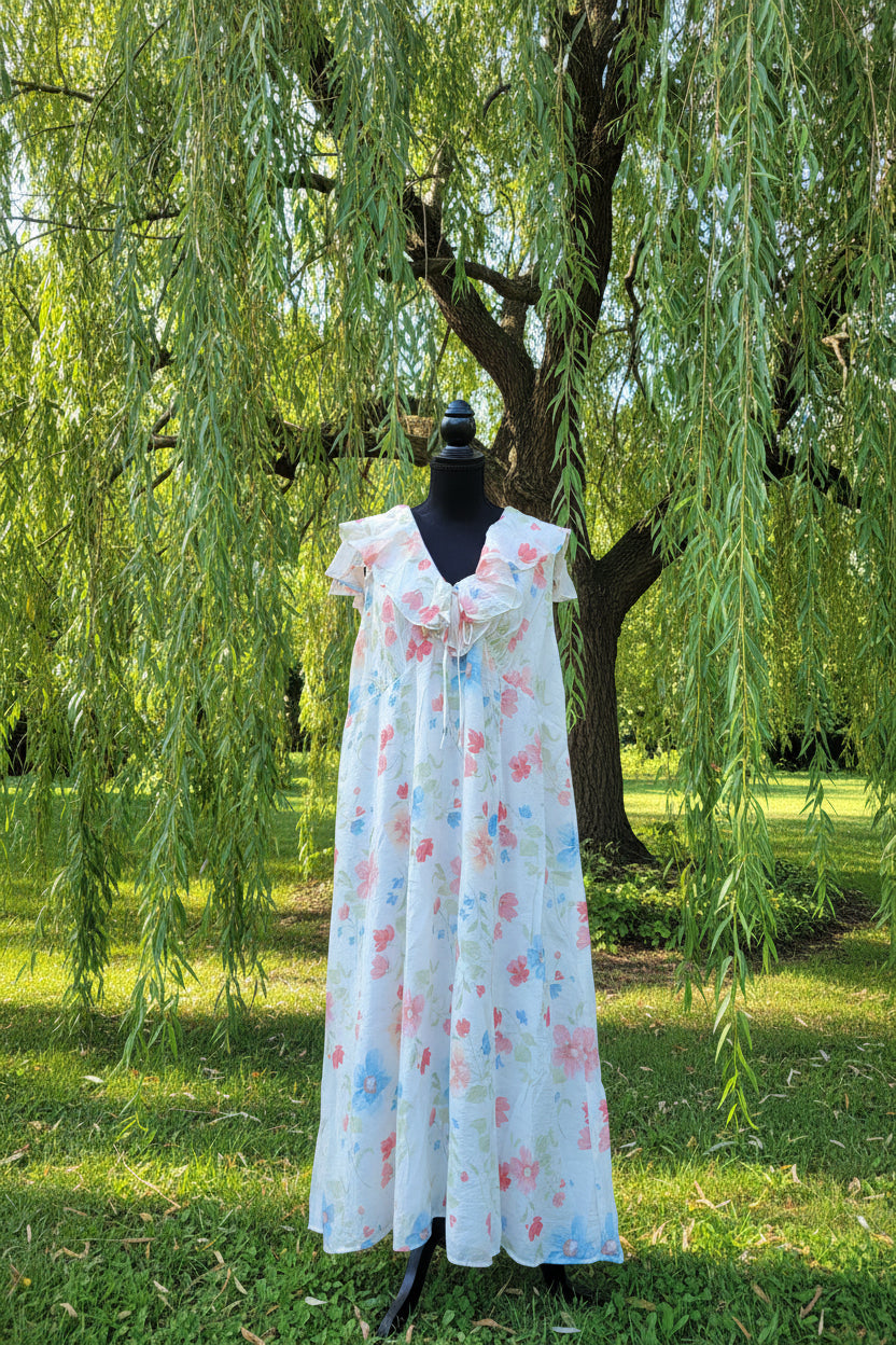 Women's Plus Size White Floral Cotton Ruffle Collar Dress