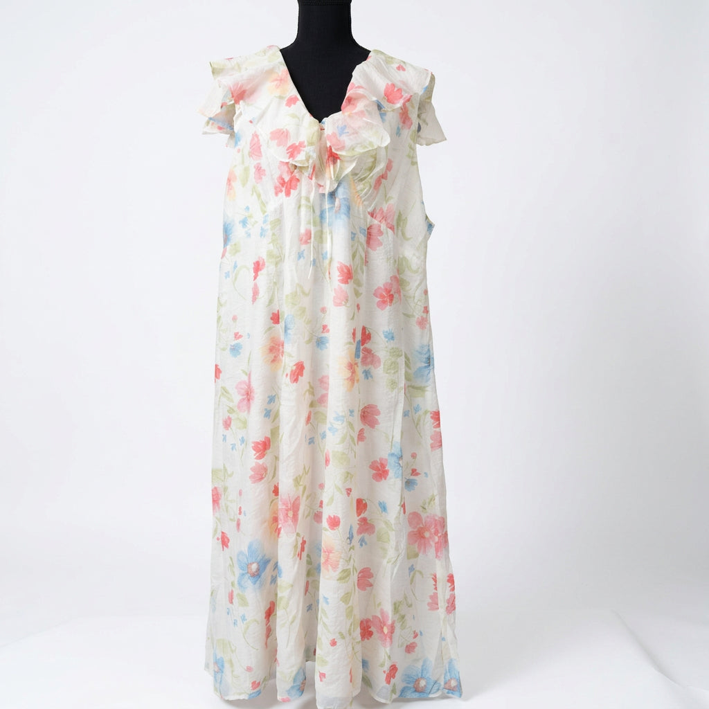 Women's Plus Size White Floral Cotton Ruffle Collar Dress